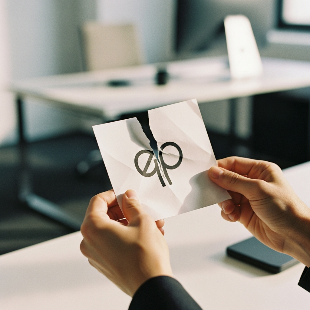 A person holding a torn paper with a brand logo, symbolizing the damage caused by inconsistent visual identity and the loss of brand coherence.