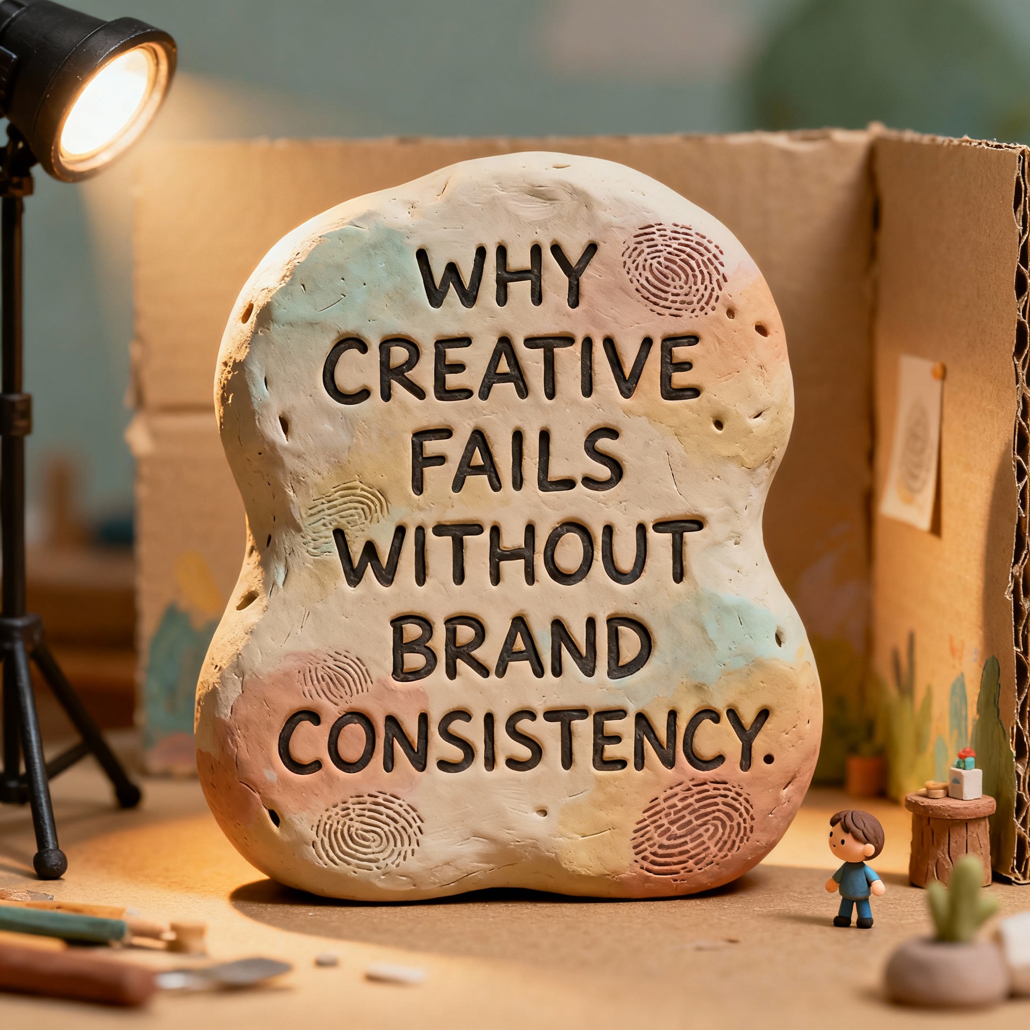 A clay sculpture with the text "Why Creative Fails Without Brand Consistency" highlighted, representing the importance of maintaining brand consistency in creative work.